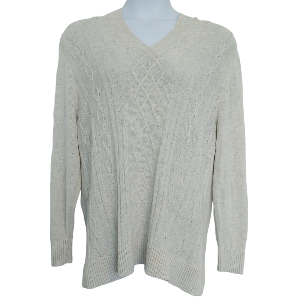 Market & Spruce Afon Oatmeal Cable Knit Hooded V-Neck Lightweight Sweater Cozy
